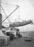 Hoisting in the Picket Boat of H.M.S. King Edward VII. c.1905
