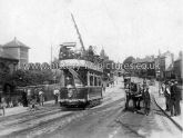 First Electric Trams,  passing Castle Station, St James Road, with Marefare in background, Northampton.  21st July 1904